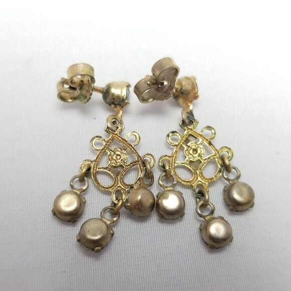 Vintage Pink AB Rhinestone Dangle Stud Earrings Gold Tone Filigree Design Estate - Picture 3 of 6